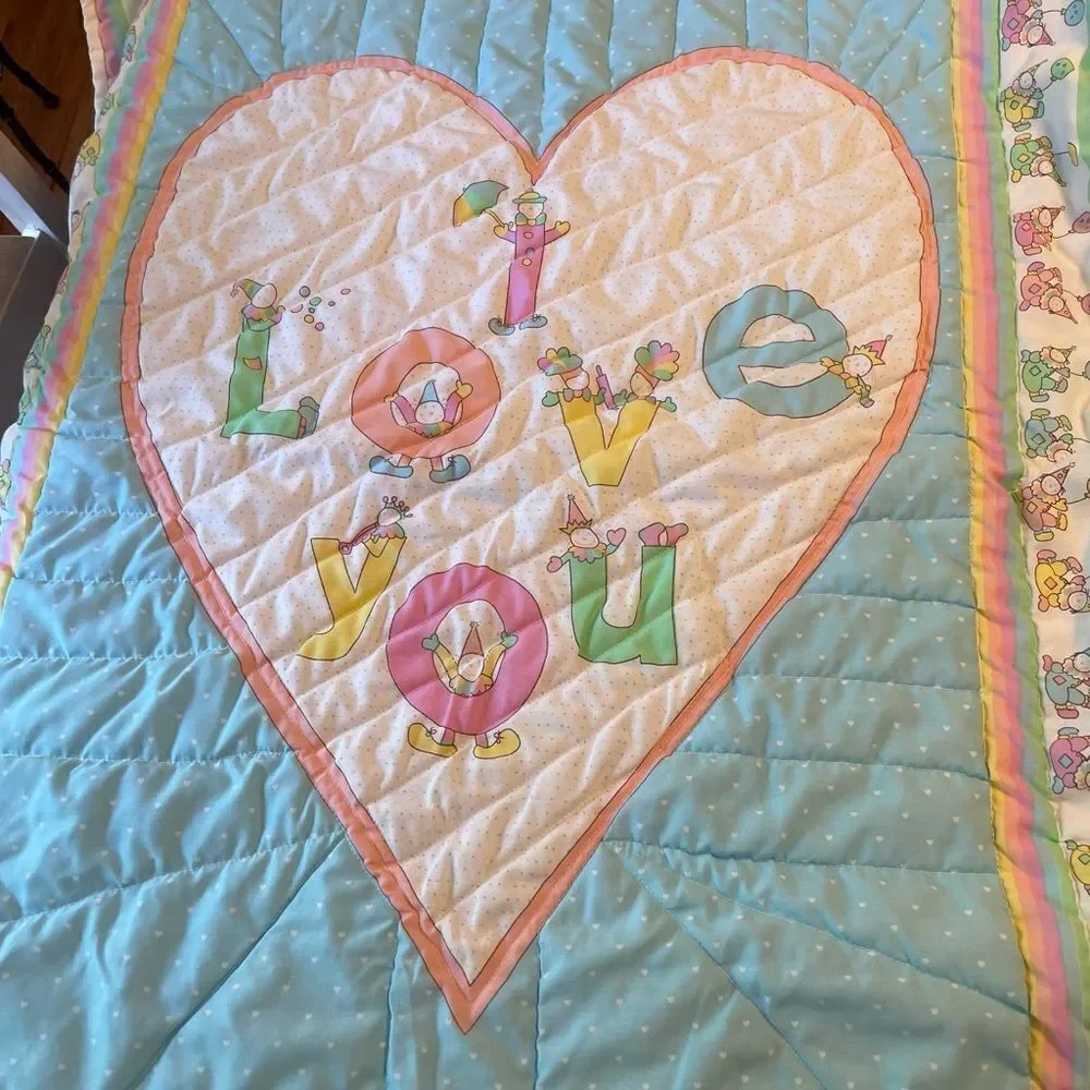 Vintage Quilted I Love You Clown Baby Blanket 39x30